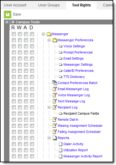Screenshot of system administration messenger tool rights.