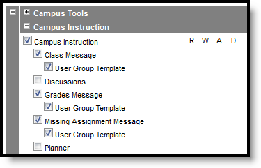 Screenshot of campus instruction message tool rights
