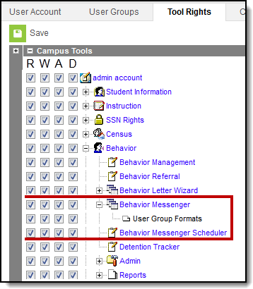 Screenshot of behavior messenger tool rights