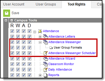 Screenshot of attendance messenger tool rights