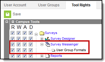 Screenshot of survey messenger tool rights