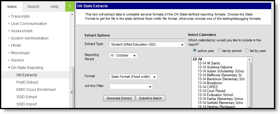 Screenshot of the Student Gifted Education Record (GG) extract editor.  