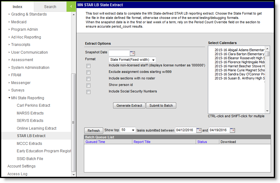 Screenshot of the STAR LB Extract Editor.