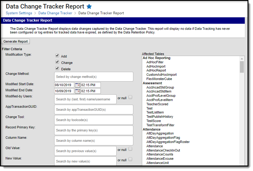 Screenshot of Data Change Tracker Report