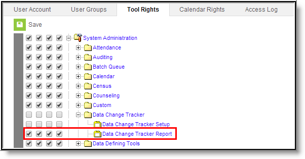 Screenshot of Data Change Tracker Report Tool Rights
