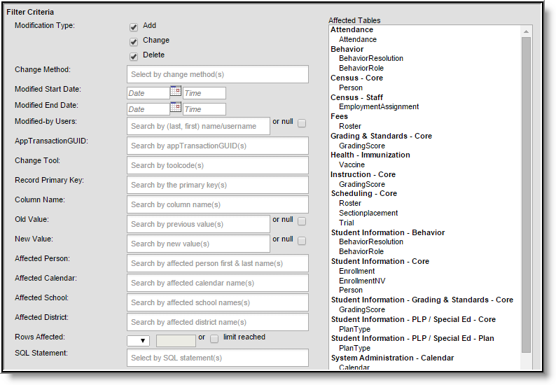 Screenshot of Filter Criteria