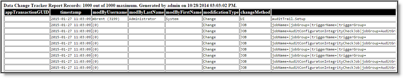 Screenshot of Example of the Data Change Tracker Report - CSV Format