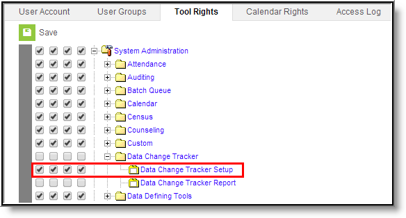 Screenshot of Data Change Tracker Setup Tool Rights