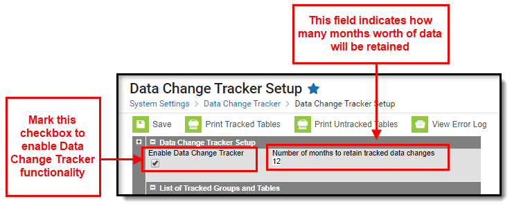 Screenshot of Enabling Data Change Tracker Functionality