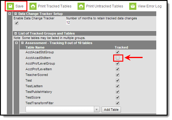 Screenshot of Removing a Table From Being Tracked