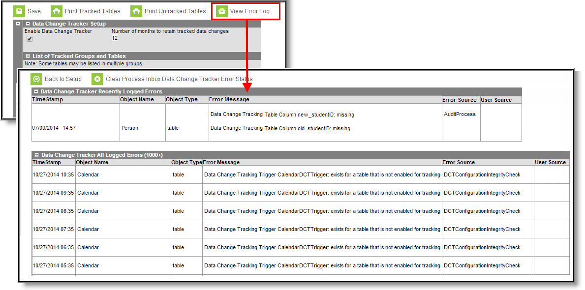 Screenshot of Data Change Tracker Error Log