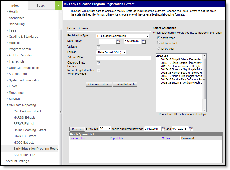 Screenshot of the Early Education Program Registration Extract Editor.