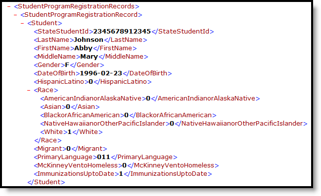 Screenshot of the Early Education Program Registration Extract in XML.