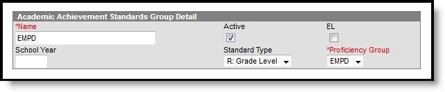 Image of the Academic Achievement Standards Group Detail Editor.