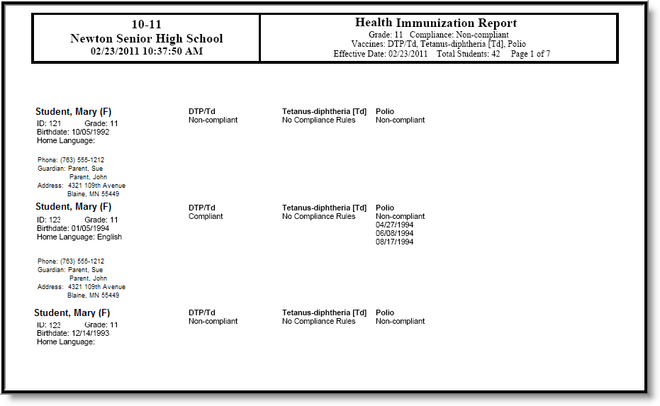 Screenshot of the Immunization Report example.
