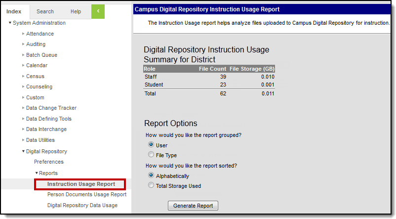 Screenshot of the Digital Repository Instruction Usage Report Editor