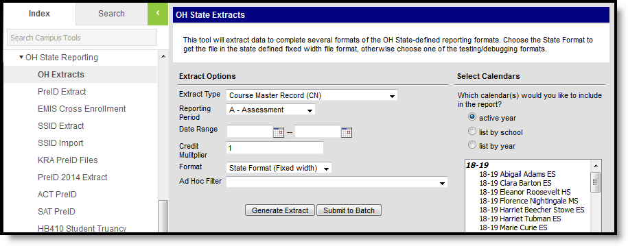 Screenshot of the Course master record extract editor.  