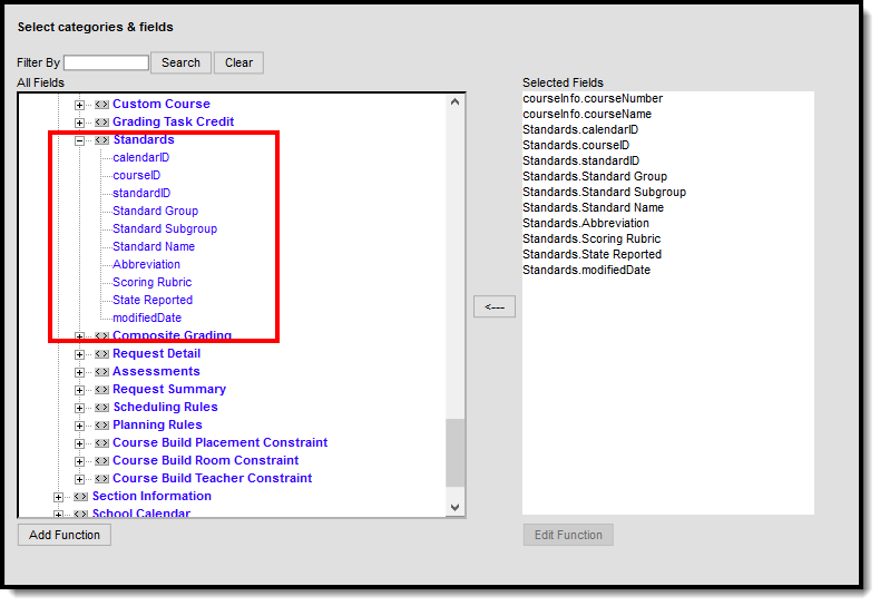 Screenshot highlighting the Standards fields in an Ad hoc query.