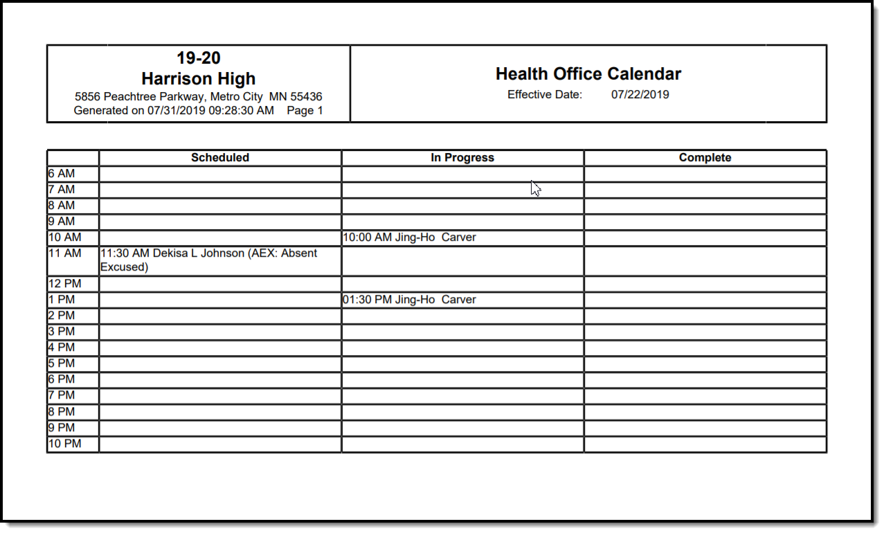 Screenshot of a printed health office visit calendar PDF file.