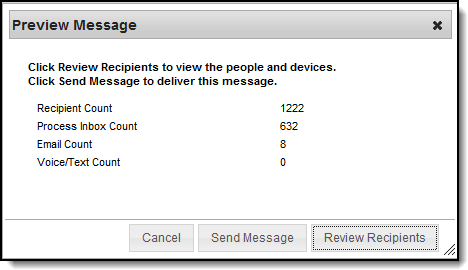 Screenshot showing the recipient count, process inbox count, email count, and voice and text count after a message has been sent.