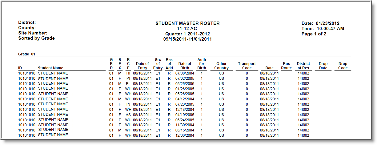 Screenshot of an example of the Master Roster report in PDF format. 