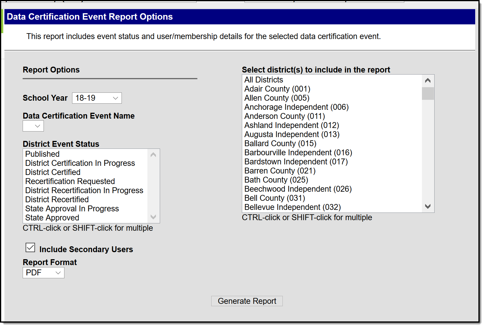 Screenshot of Data Certification Event Report