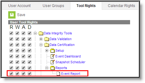Screenshot of Event Report Tool Rights