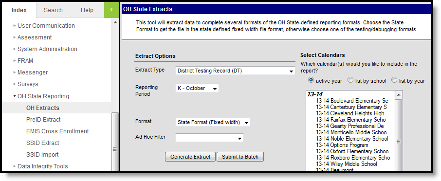 Screenshot of the district testing record extract editor.  