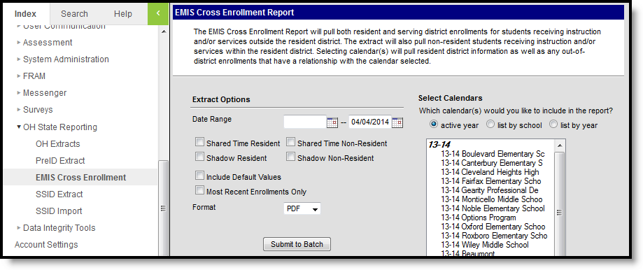 Screenshot of the EMIS Cross enrollment report editor.  