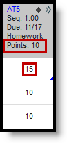 Screenshot of a column in the grade book showing a student receiving 15 points on a 10 point assignment. 
