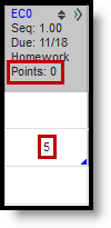Screenshot of a column in the grade book showing a student receiving 5 points on a 0 point assignment. 