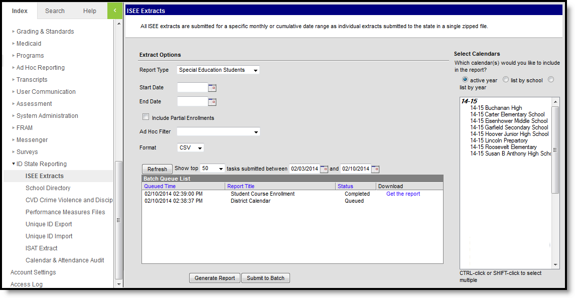 Screenshot of the Special Education Students ISEE extract editor.