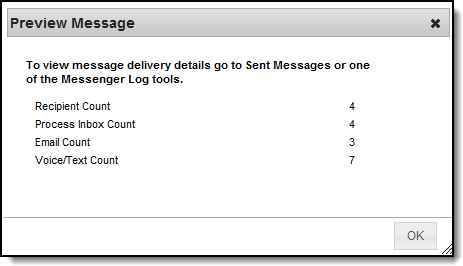 Screenshot of the Preview Message screen after selecting Send Message. 
