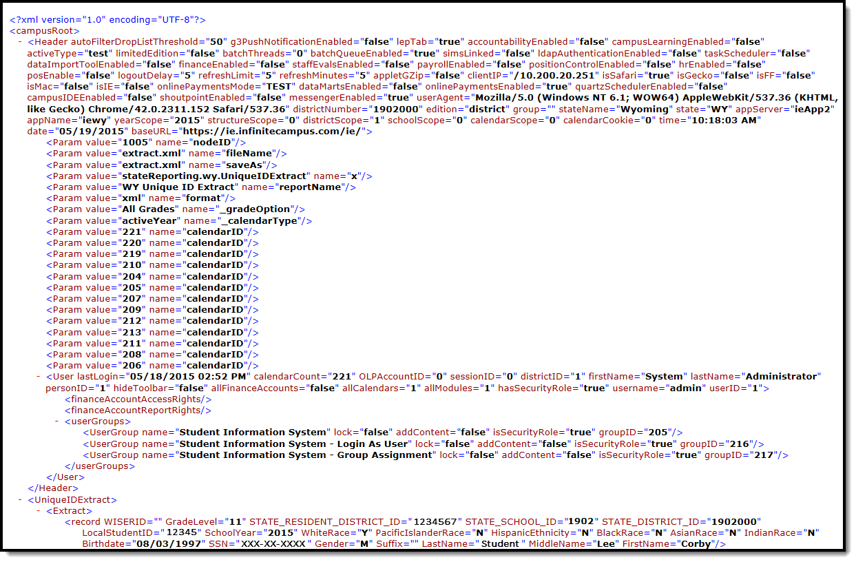 Screnshot of Unique ID Extract in XML Format.