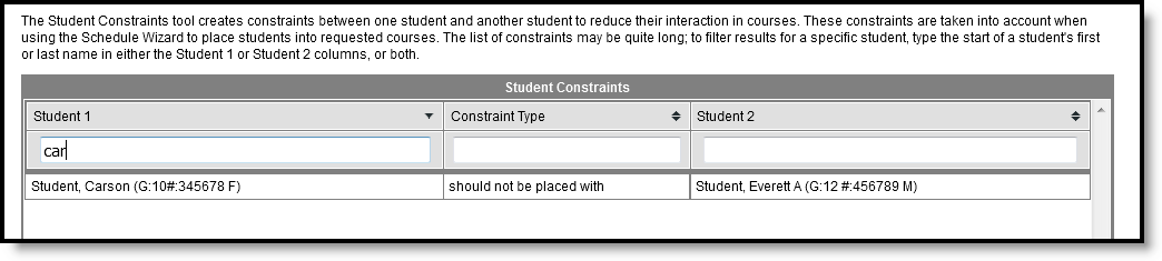Screenshot of search results when adding a new constraints