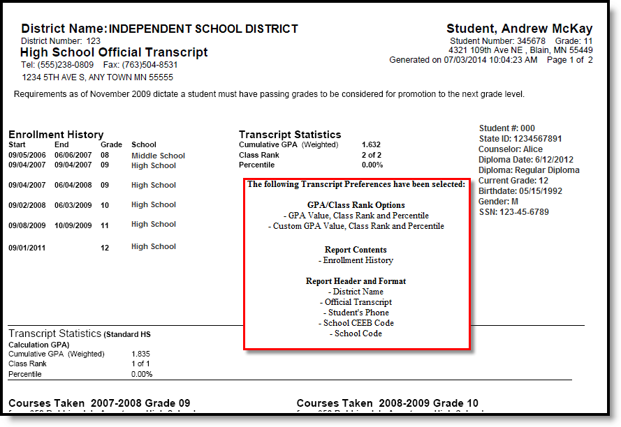 Screenshot of an example printed transcript with highlighted options chosen on the Report Preferences.