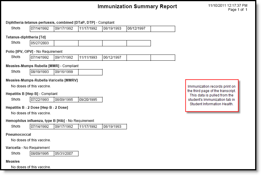 Screenshot of Immunization Record Transcript Options
