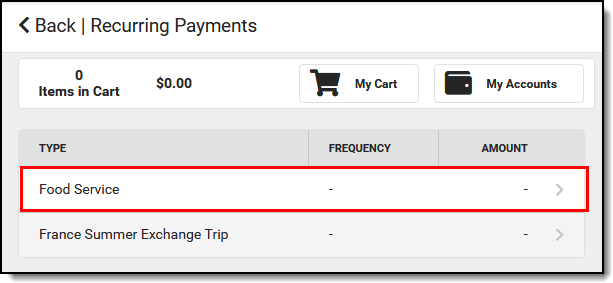 Screenshot of setting up Recurring Payment for selected student. 