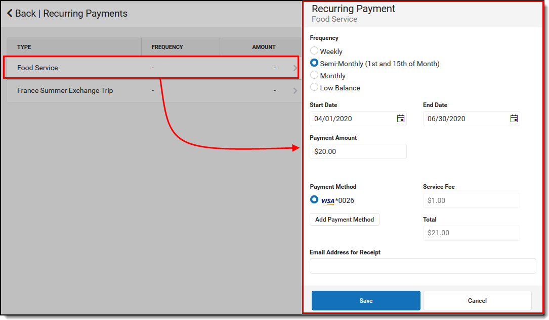 Screenshot of Recurring Payment conformation screen.