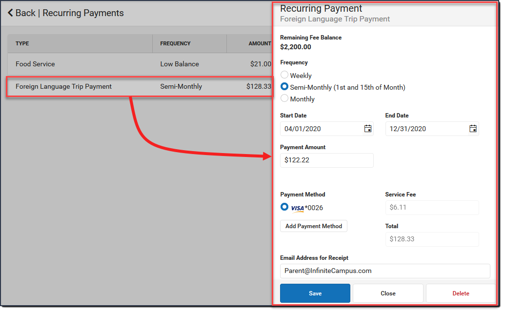 Screenshot of the Setting Up a Recurring Payment Results screen