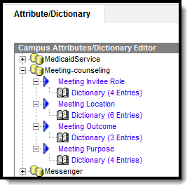 Screenshot of the Campus Attribute Dictionary hierarchy with the Meeting-counseling folder expanded.