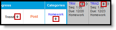 Screenshot highlighting the double triangle icons that users can click to sort the grade book by a specific column. 