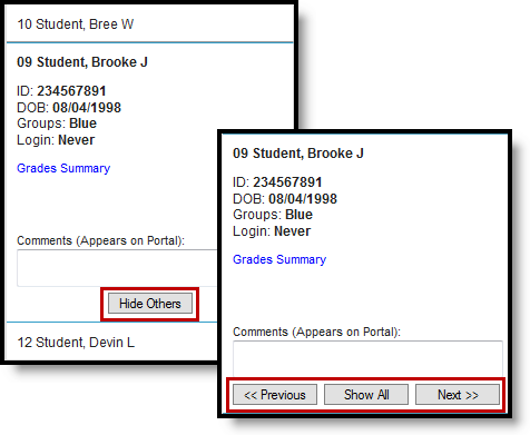 Screenshot highlighting the button to hide other students when a student row is expanded and the options to navigate between students when filtered to one.  