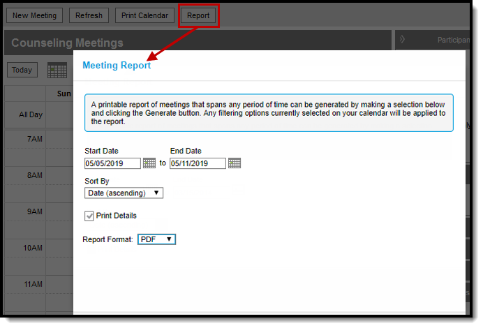 Screenshot of Meeting report fields that display when the Report button is clicked.