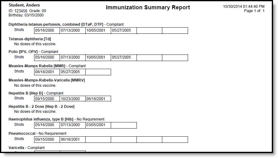 Screenshot of the printed immunization batch report.