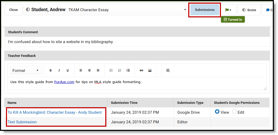 Screenshot highlighting the submissions button used to access the list of submission files if multiple exist.