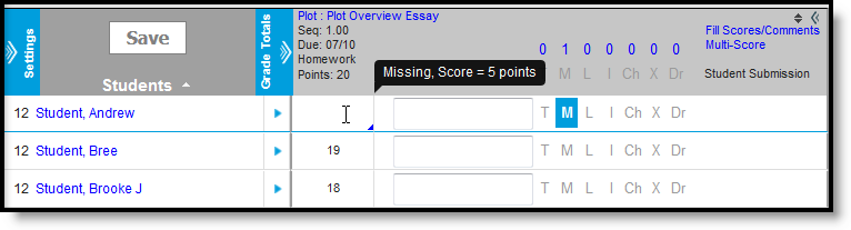 Screenshot of the Grade Book showing the tool tip that displays when a user hovers over an assignment flagged as missing, indicating the score based on the missing assignment preference. 