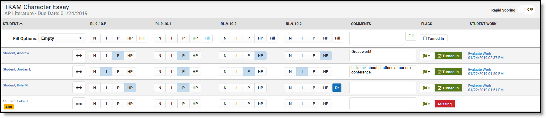 Screenshot of the multi-score view for an assignment with multiple alignments. 