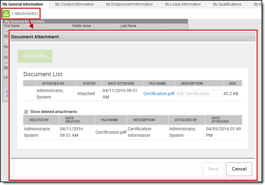 Screenshot of  document attachments on the My General Information tab