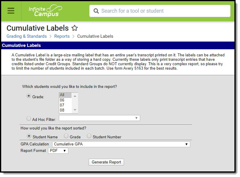 Screenshot of the Cumulative Label Reports tool. 